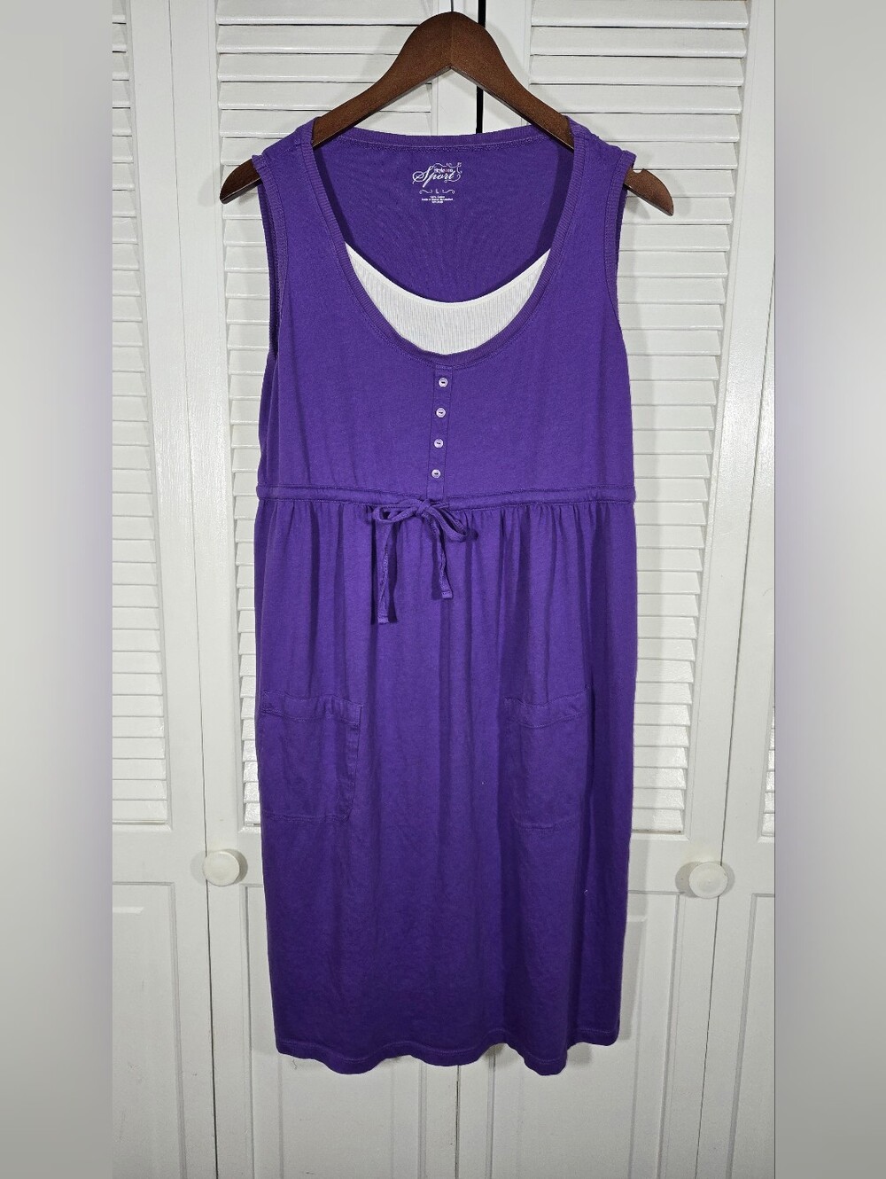 Style & Co. Purple Sleeveless Jersey Henley Drawstring Empire Waist Dress Sz L